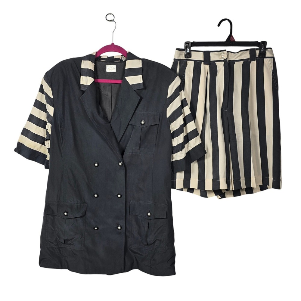 Vintage Apart 100% Silk 2 Piece Set Blazer & Shorts Gray Cream Striped Nautical